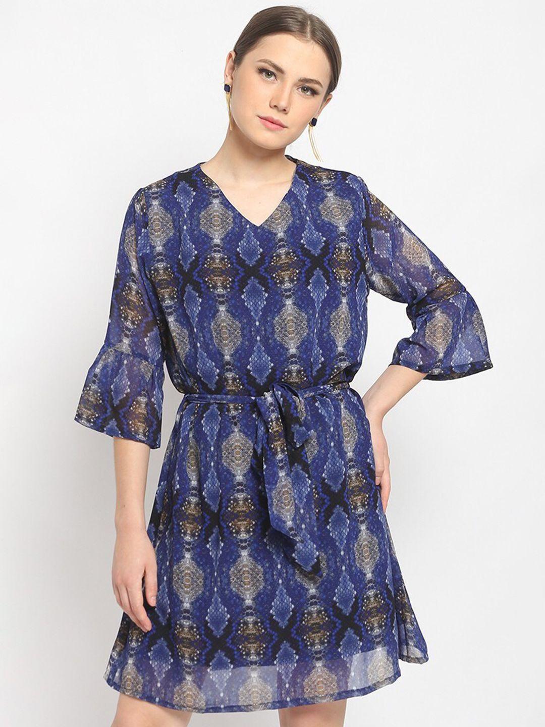 chanira la parezza blue & grey animal printed a-line dress