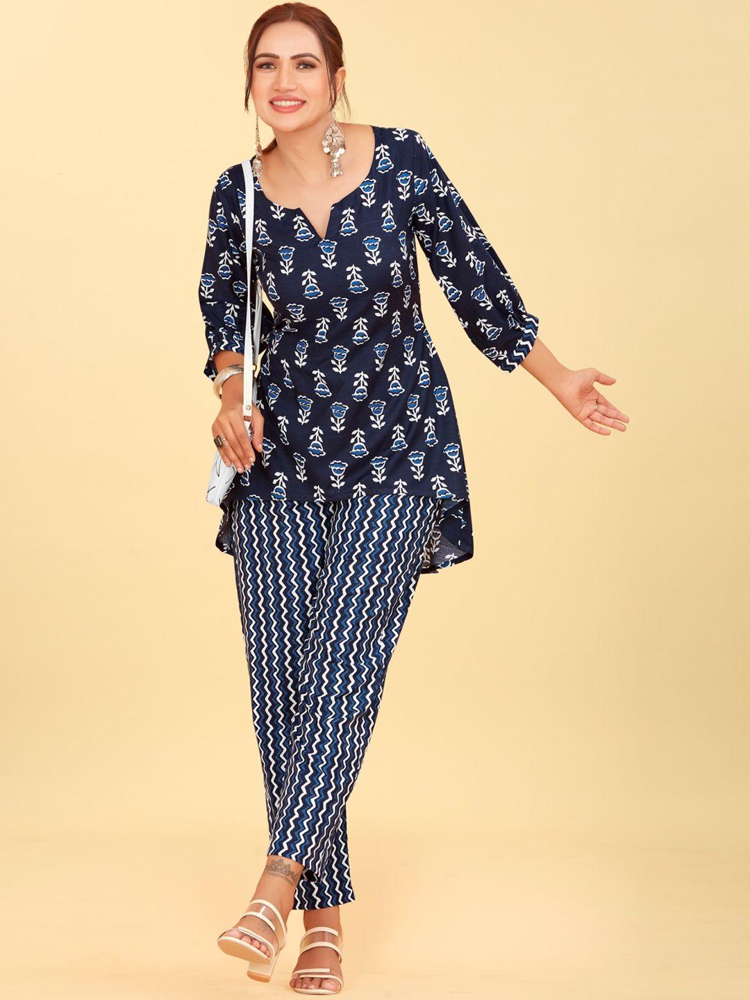 chansi ethnic motifs printed high-low a-line kurta with trouser