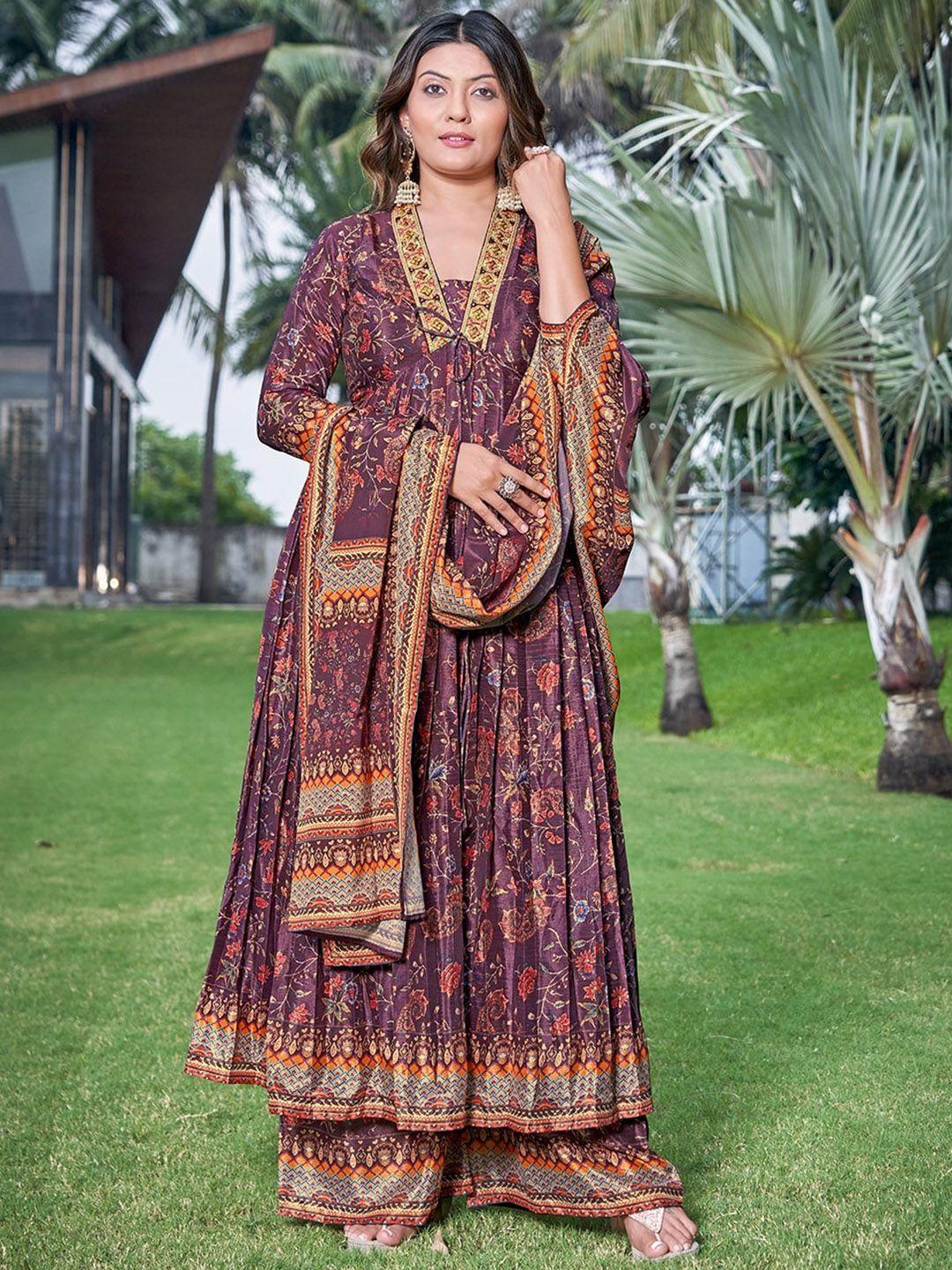 chansi ethnic motif printed anarkali kurta & palazzos with dupatta