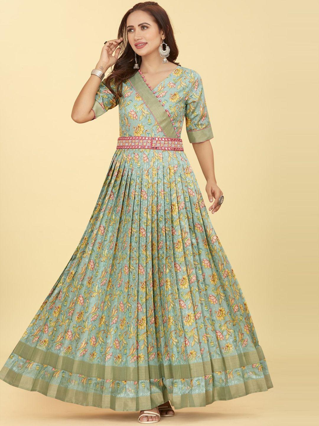 chansi ethnic motifs printed fit & flare silk ethnic dress comes with embellished belt