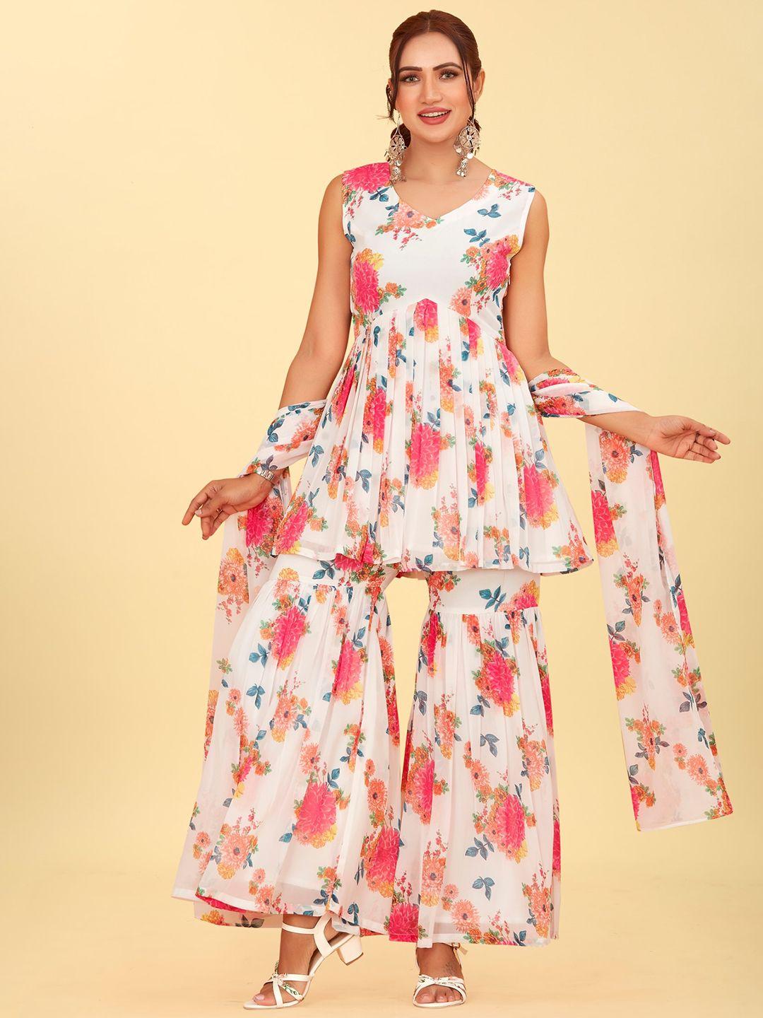 chansi floral printed a-line kurta with sharara & with dupatta