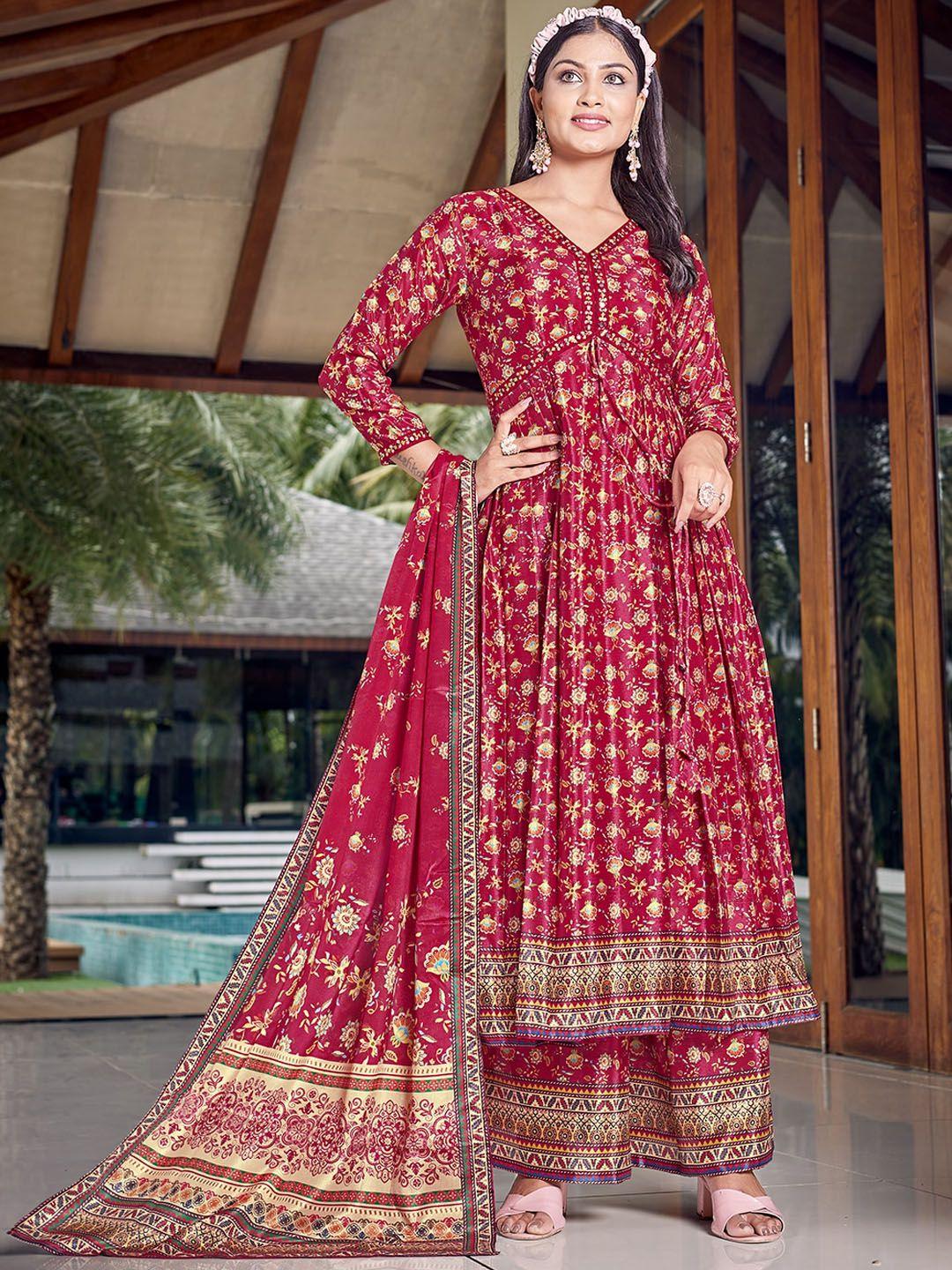 chansi floral printed empire anarkali kurta & palazzos with dupatta