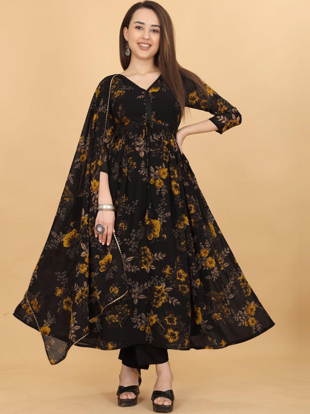 chansi floral printed empire kurta & trousers with dupatta