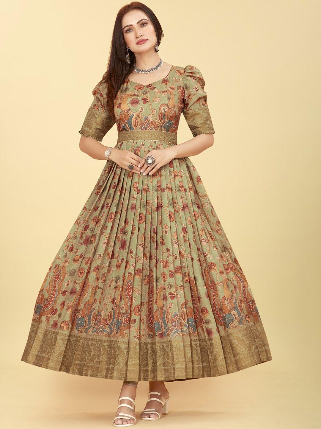 chansi floral printed fit & flare silk ethnic dress