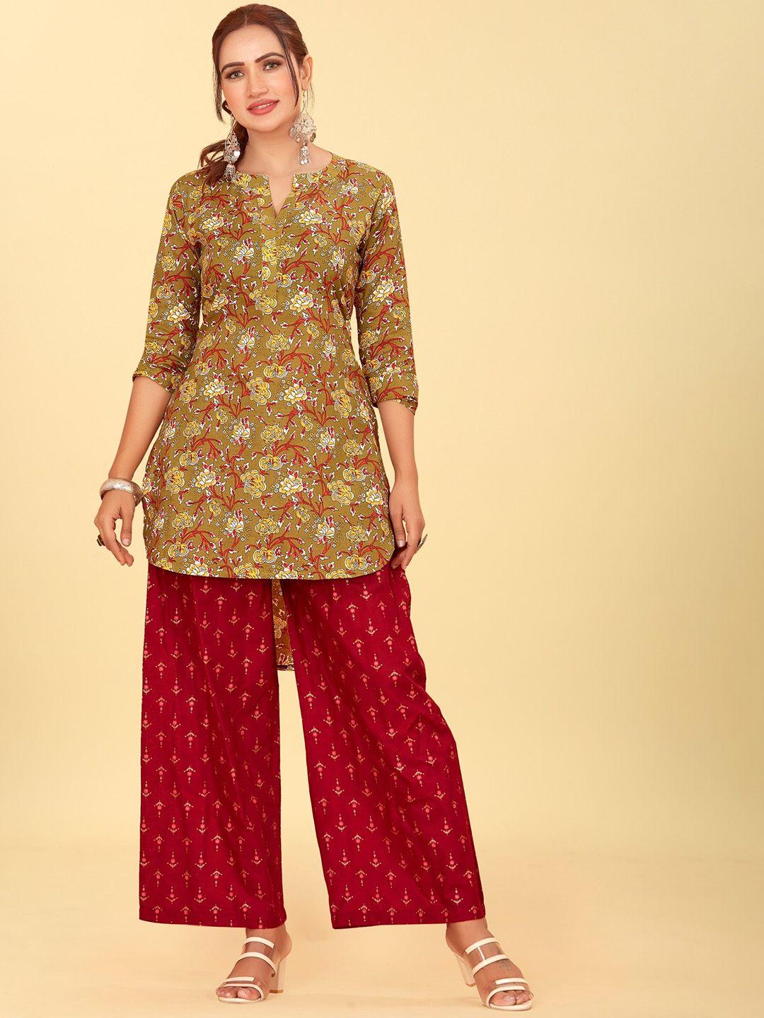 chansi floral printed mandarin collar kurta with palazzos