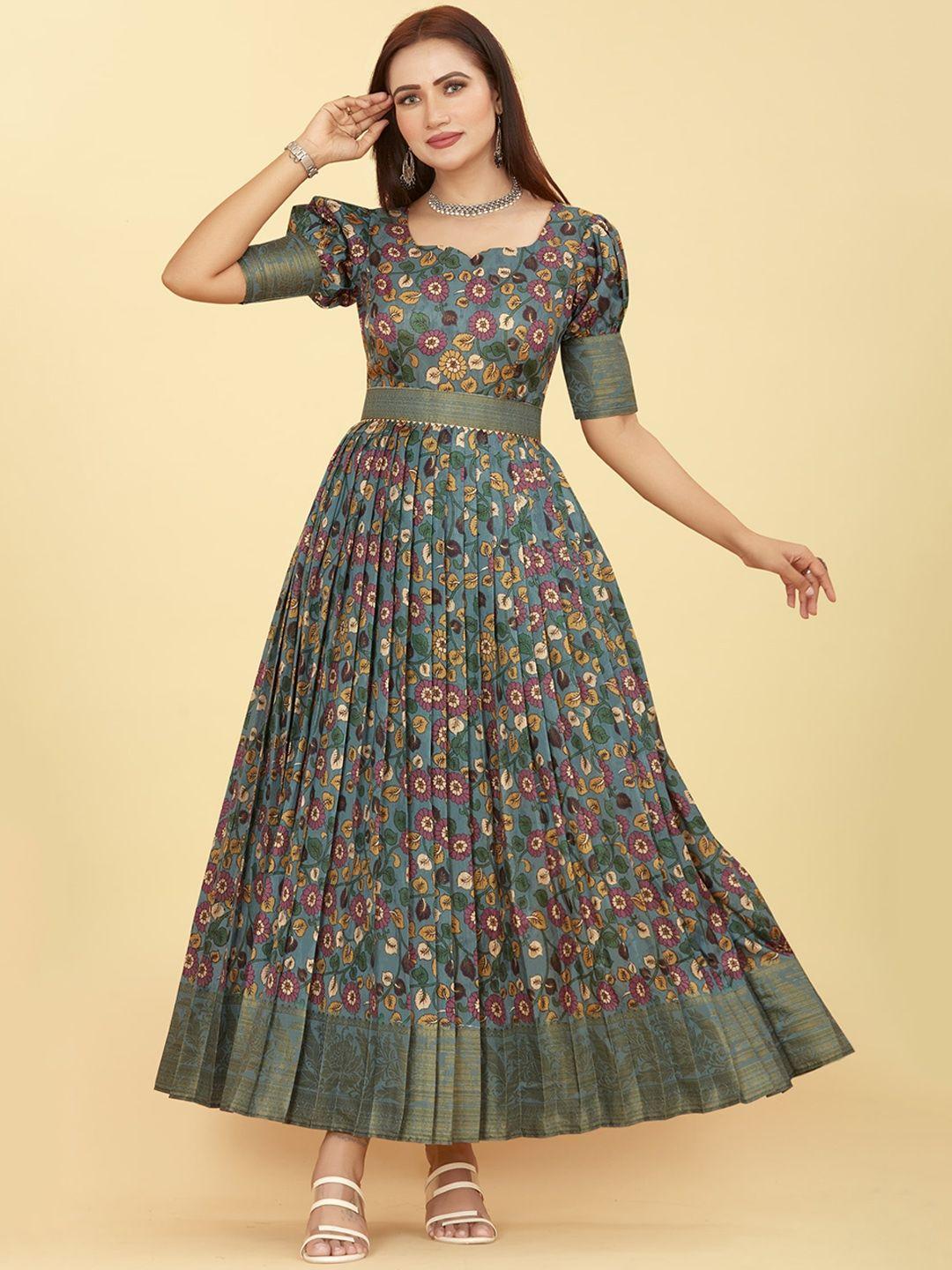 chansi floral printed silk fit & flare ethnic dress
