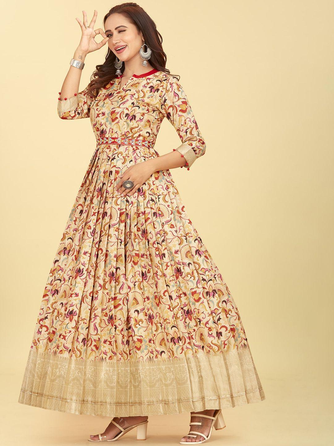 chansi floral printed silk flared ethnic dress comes with a belt