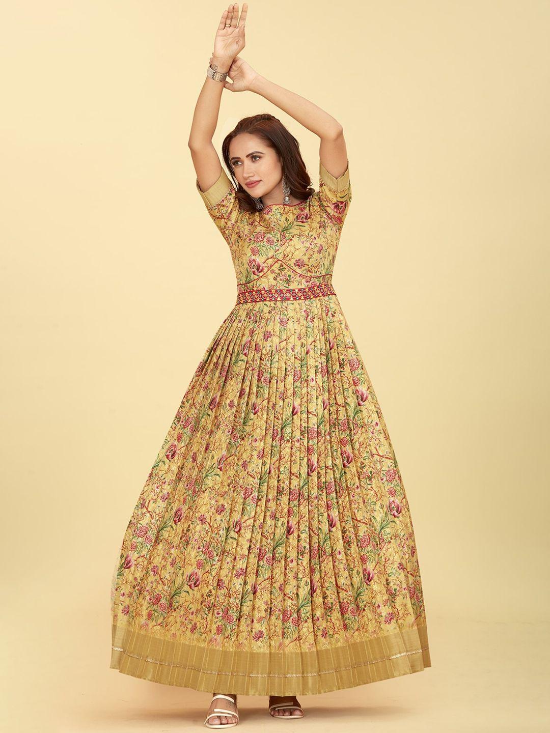 chansi floral printed silk flared ethnic dresses comes with a belt