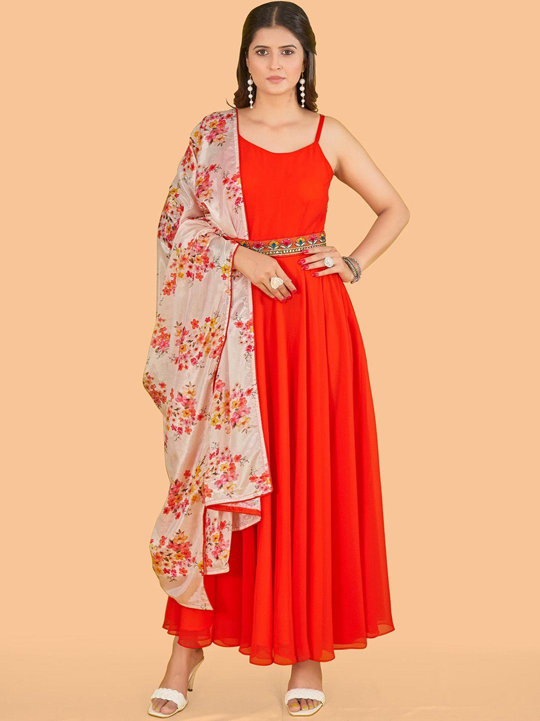 chansi georgette belted maxi ethnic gown with dupatta