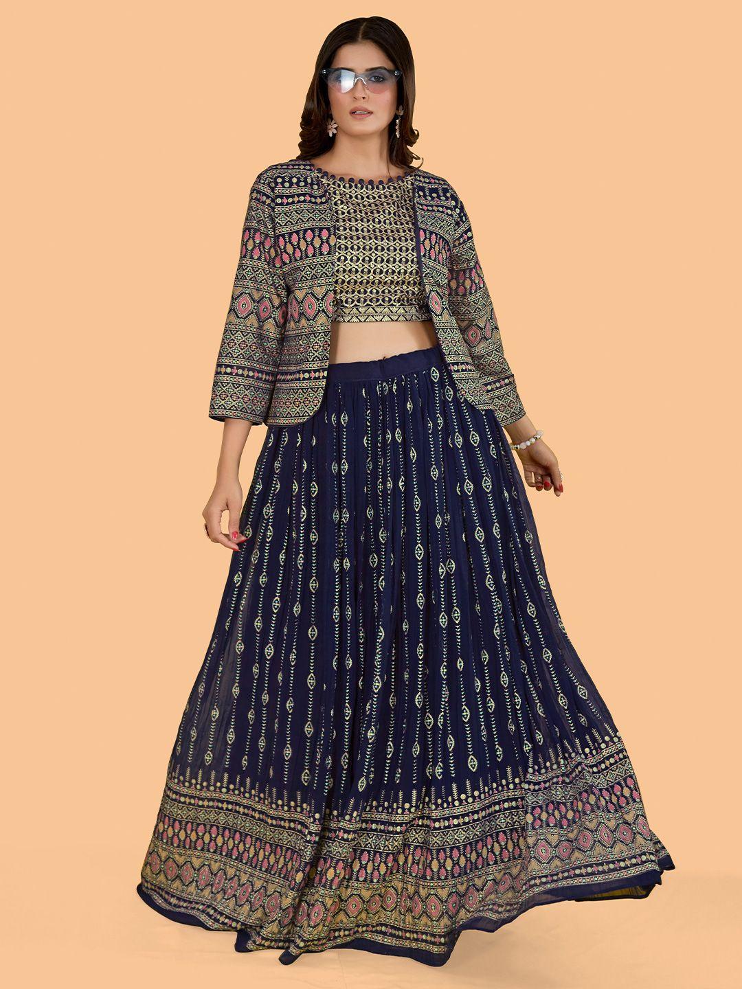 chansi navy blue & gold-toned embroidered sequinned foil print ready to wear lehenga &