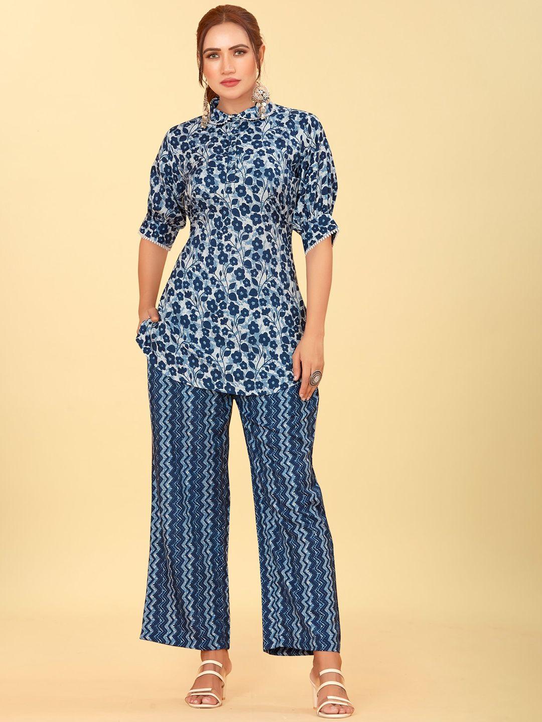 chansi printed peter pan collar ethnic top with trousers