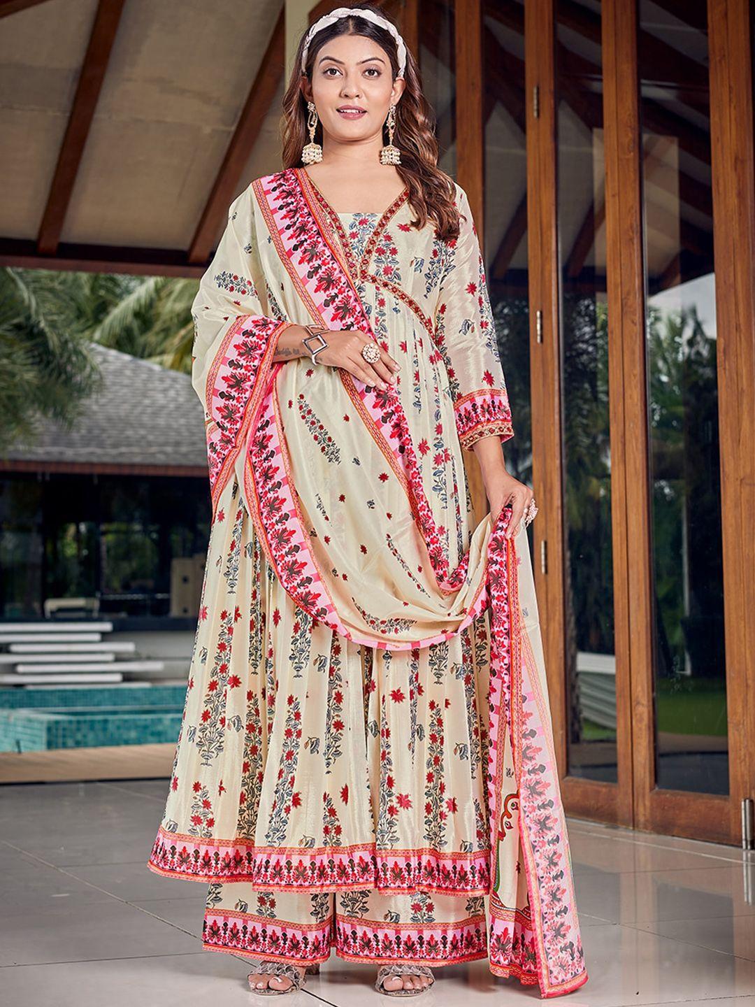 chansi women cream-coloured ethnic motifs printed empire thread work kurta with palazzos & with dupatta