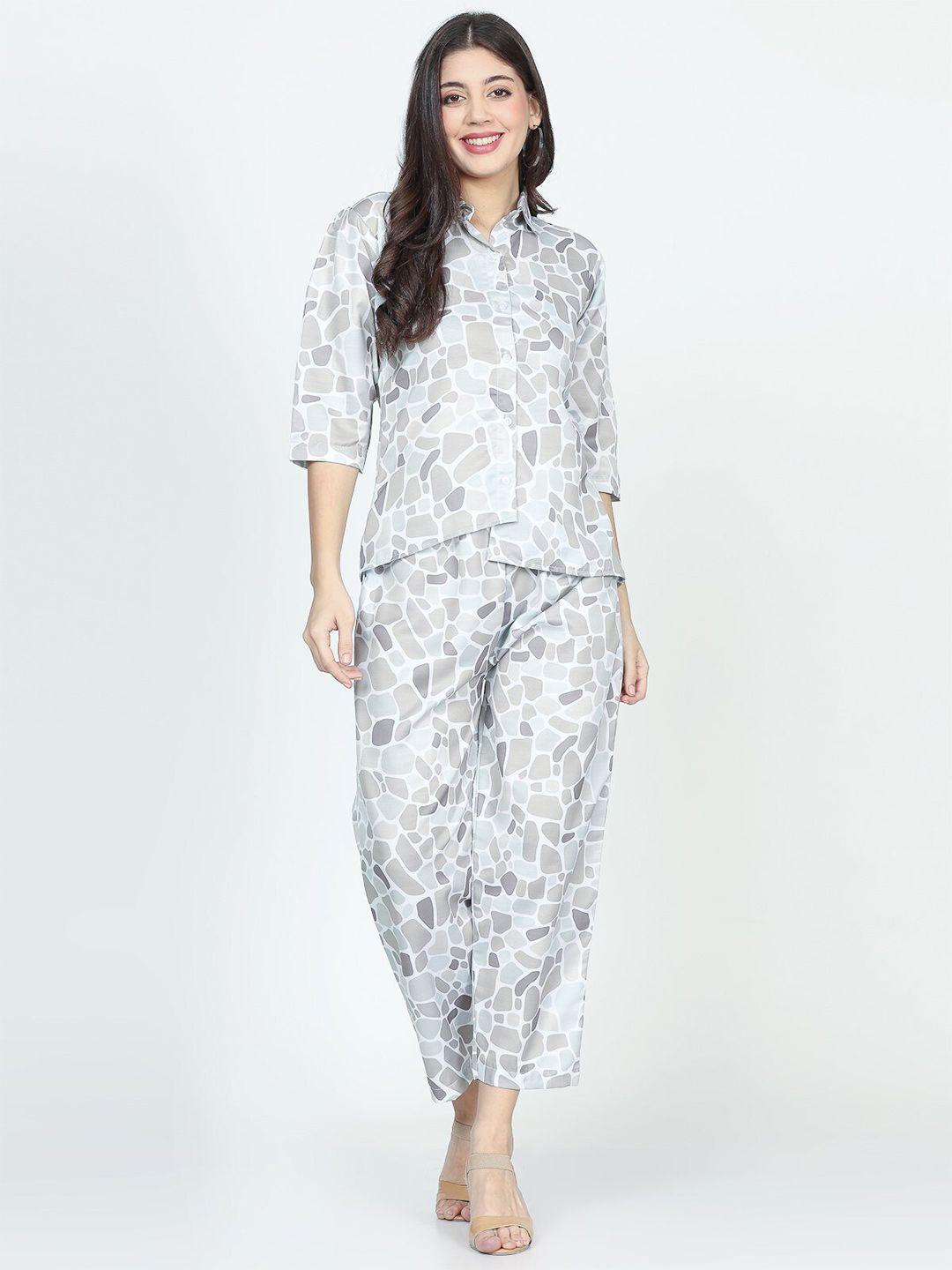 chanting blue printed linen satin shirt with trousers