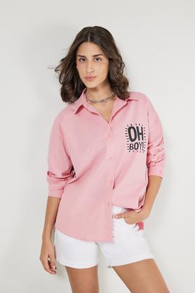 character print collared cotton women's casual wear shirt - pink