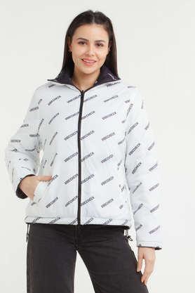 character print collared polyester women's casual wear coat - black & white