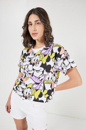 character print cotton round neck women's t-shirt - multi