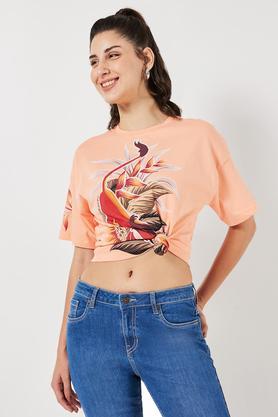 character print cotton round neck women's t-shirt - peach