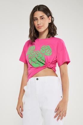 character print cotton round neck women's t-shirt - pink