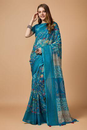 character print linen blend festive wear women's saree - blue