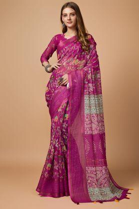 character print linen blend festive wear women's saree - pink