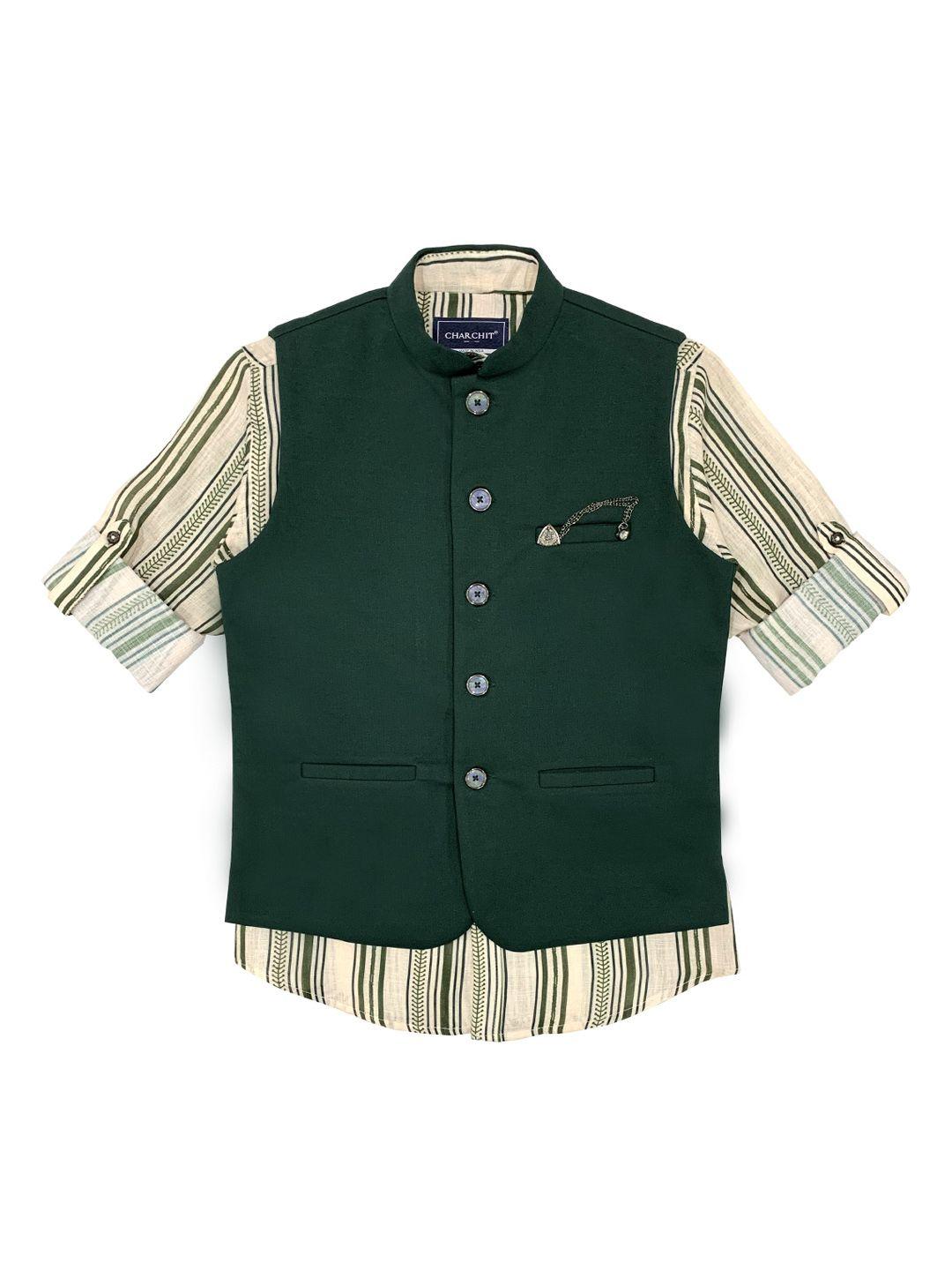 charchit boys green solid nehru jacket with shirt