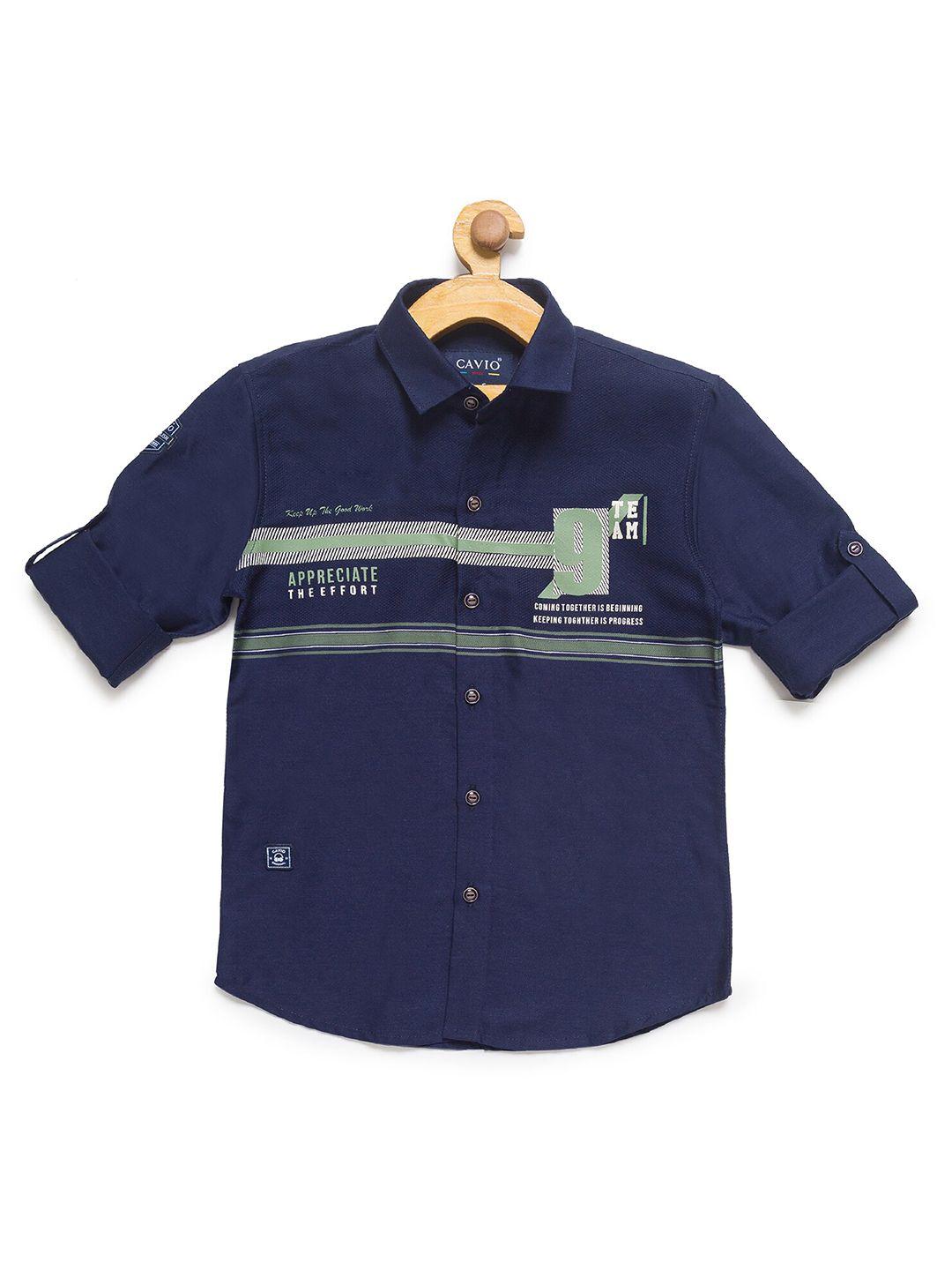 charchit boys navy blue & green regular fit printed casual shirt