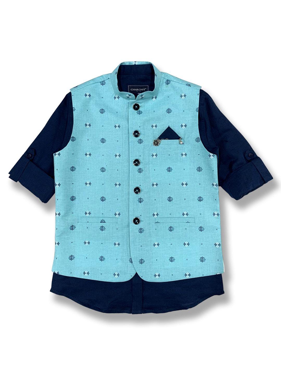 charchit boys turquoise blue printed jacket