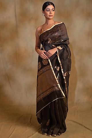 charcoal black linen silk organza handwoven banarasi brocade saree