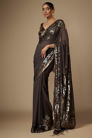 charcoal chiffon sequins embroidered saree set