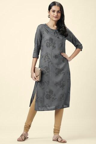 charcoal floral print ethnic round neck 3/4th sleeves calf-length women regular fit kurta