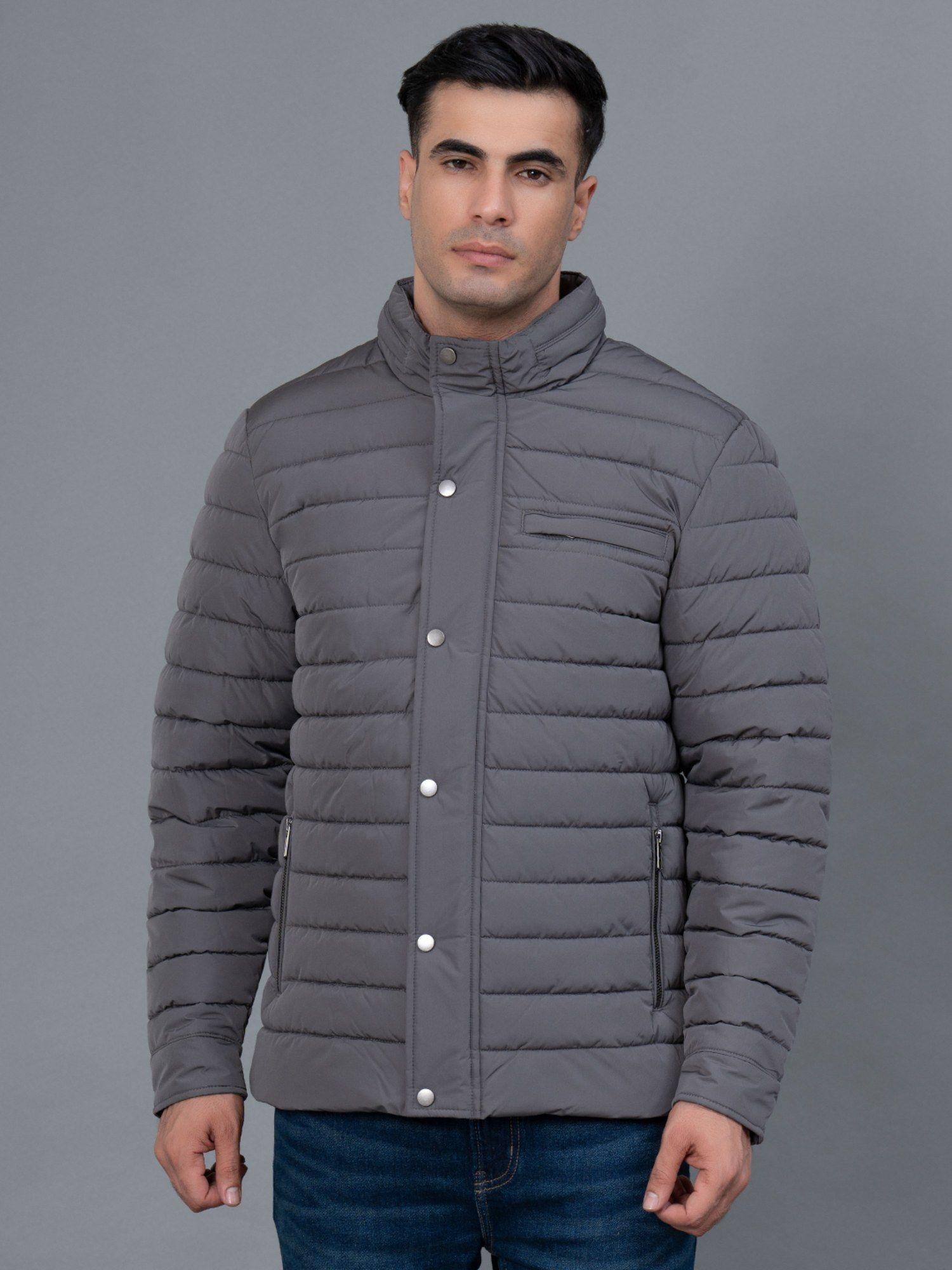 charcoal grey solid polyester men's padded jacket