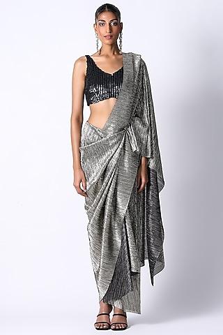 charcoal pleated metallic & silk saree set