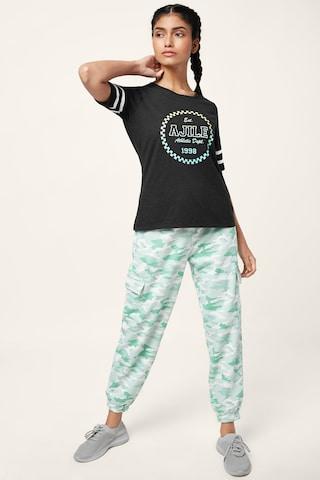charcoal printed active wear half sleeves round neck women regular fit t-shirt