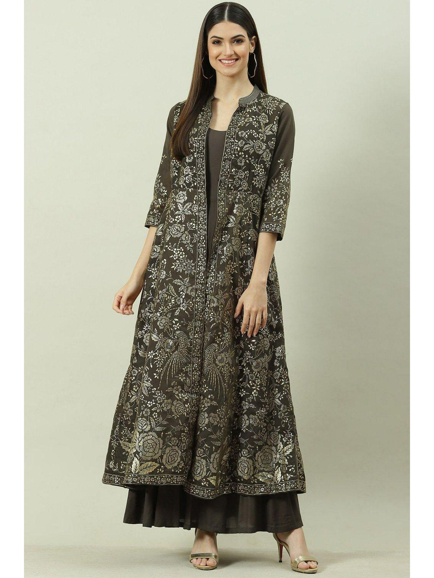 charcoal printed dress with cape (set of 2)