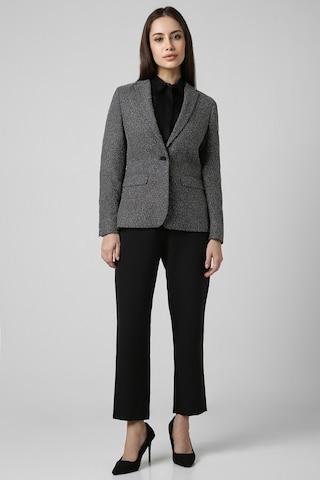 charcoal textured polyester notch lapel women regular fit blazers