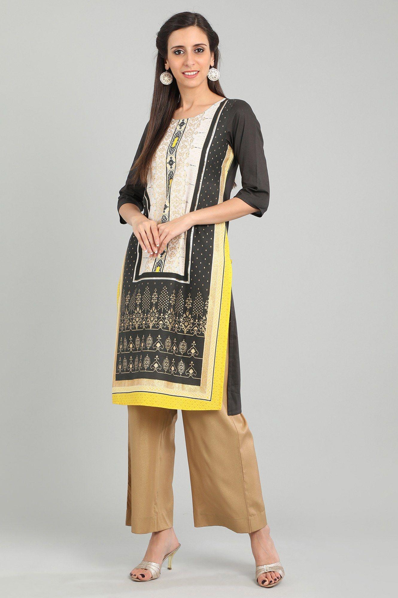 charcoal & off white round neck kurta