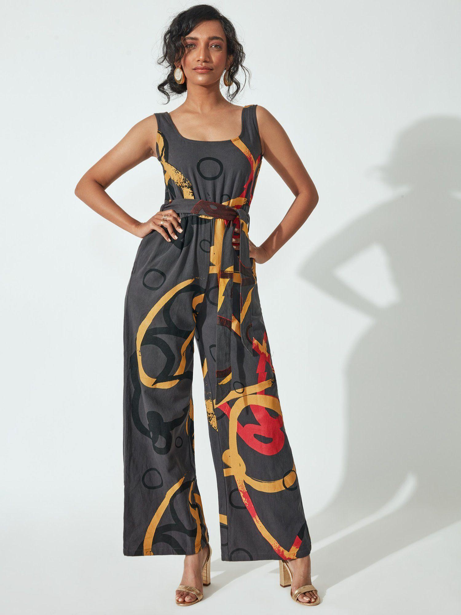 charcoal abstract mickey print jumpsuit with belt by disney (set of 2)