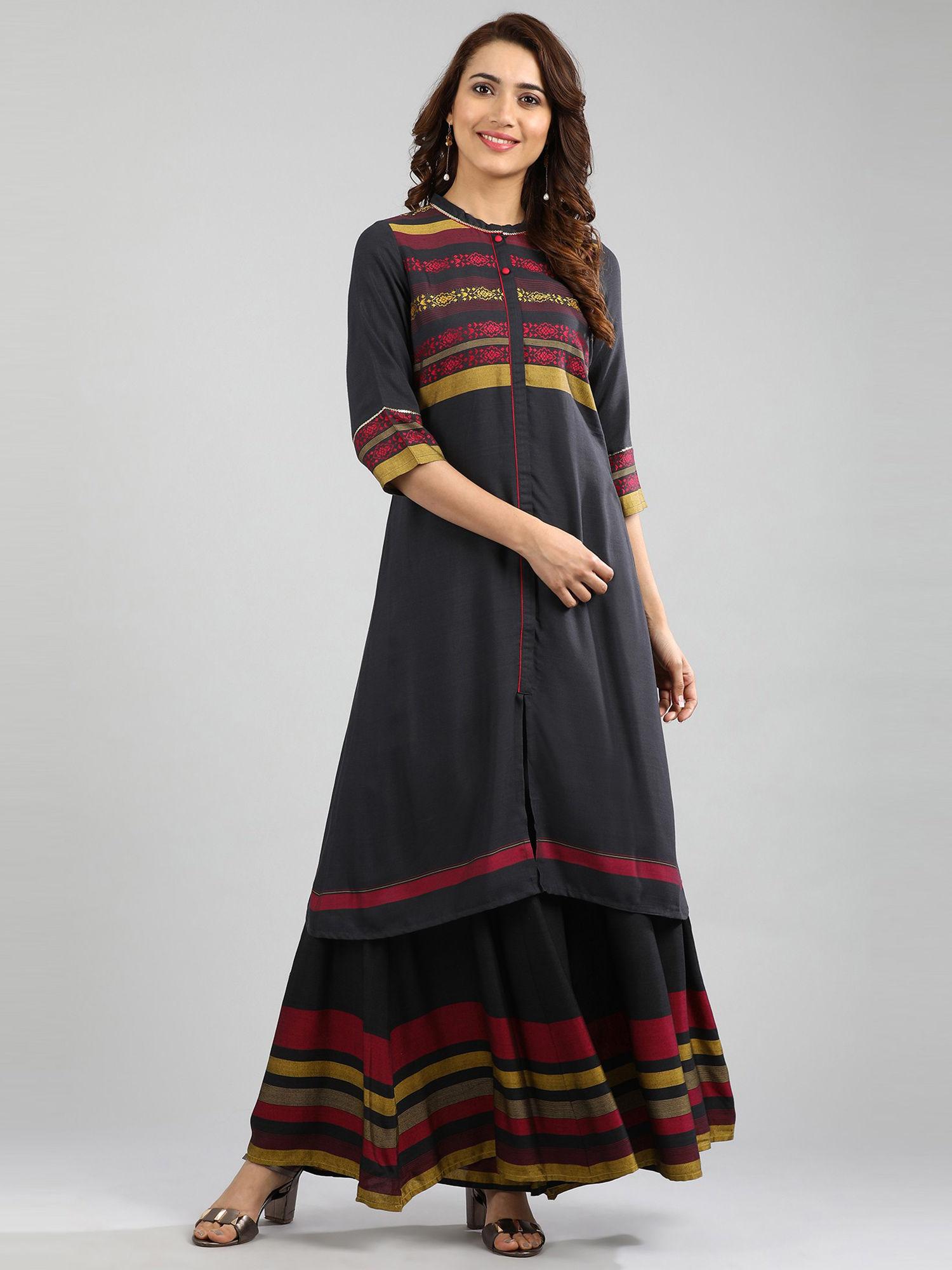 charcoal band collar yarn-dyed kurta