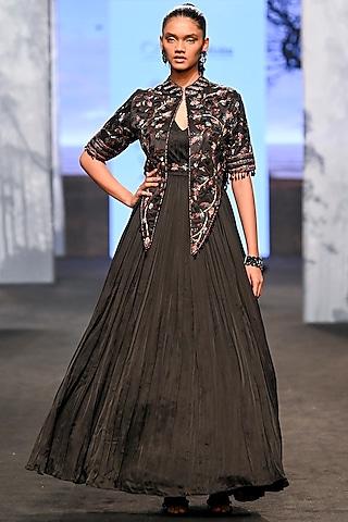 charcoal black ajrakh & gajji silk gown