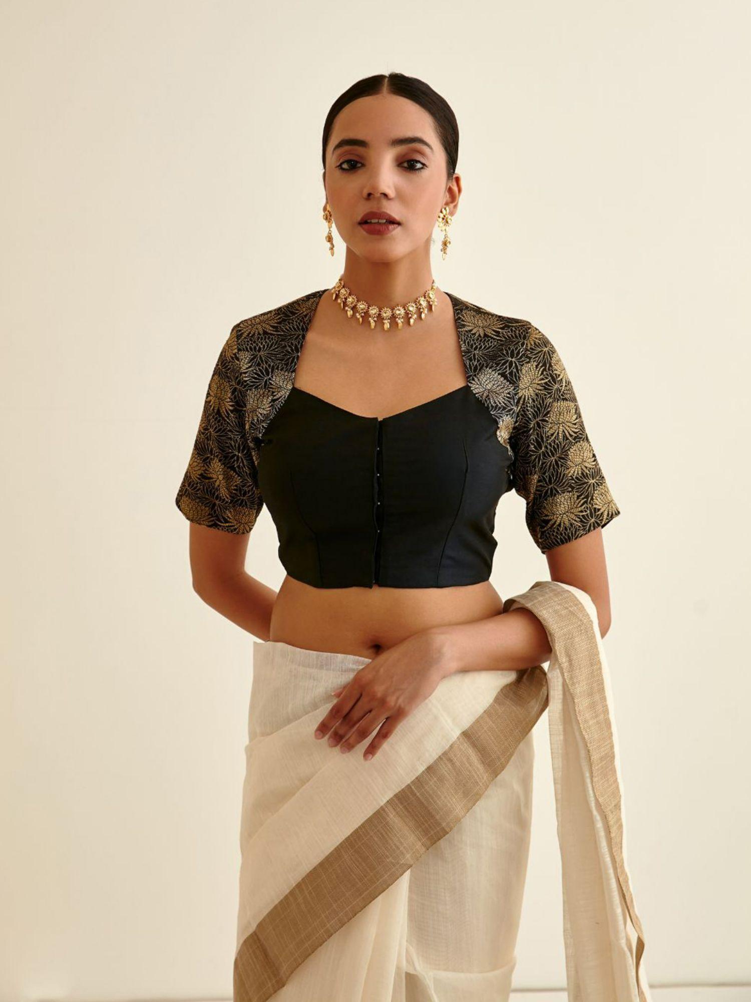 charcoal black banarasi zari bouse in queen anne neckline