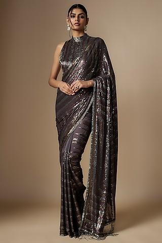charcoal black chiffon sequins embroidered saree set
