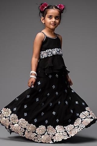 charcoal black embroidered lehenga set for girls