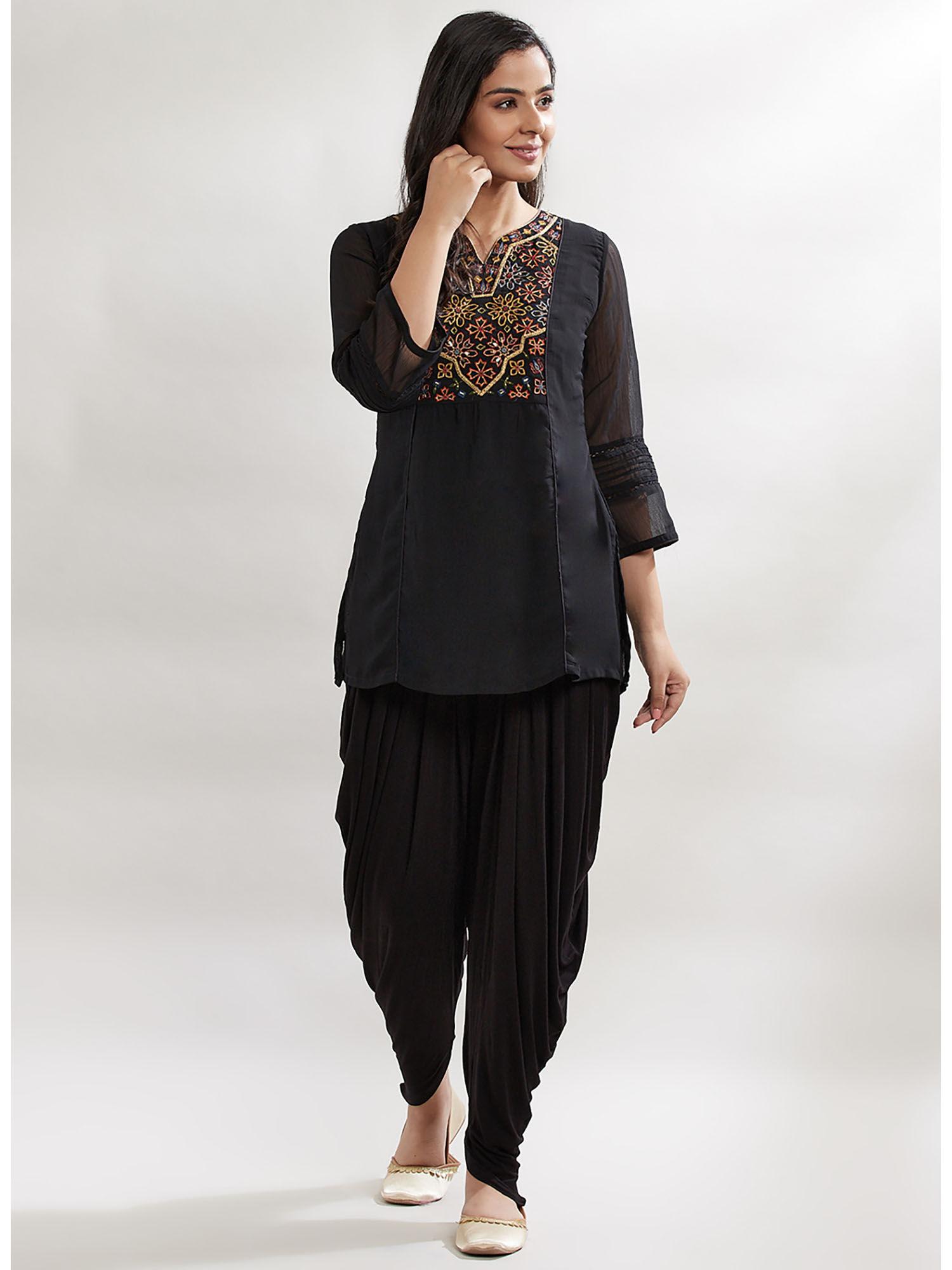 charcoal black embroidered tunic with flared sleeve