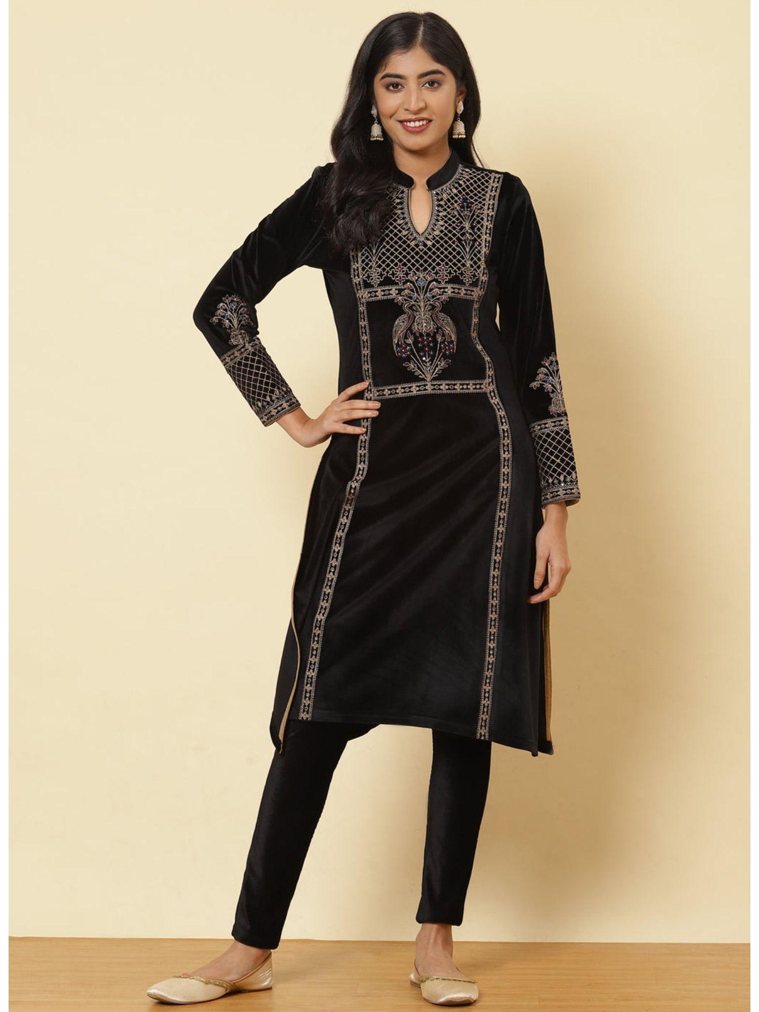 charcoal black embroidered velvet kurta