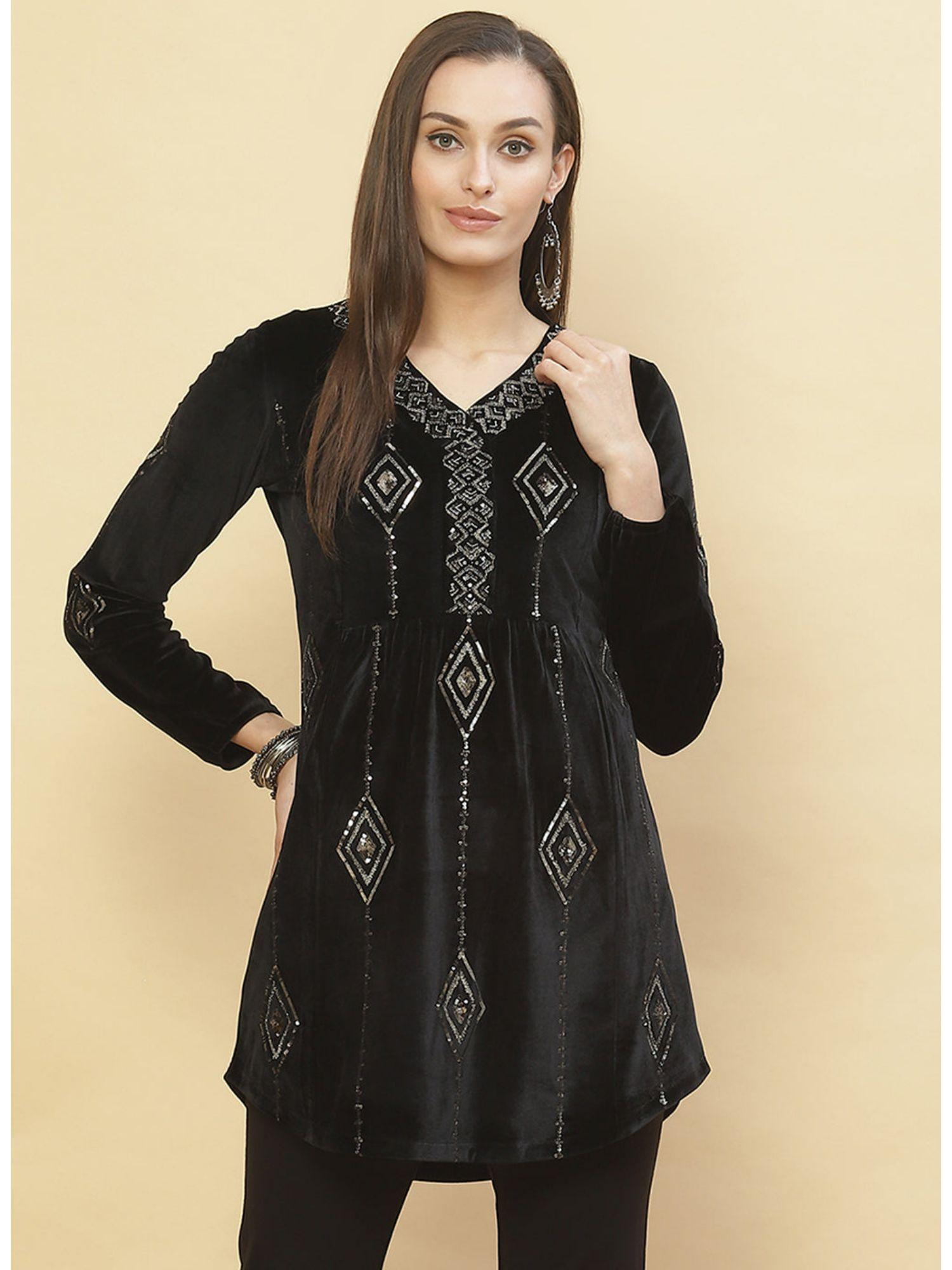 charcoal black embroidered velvet top with sequins