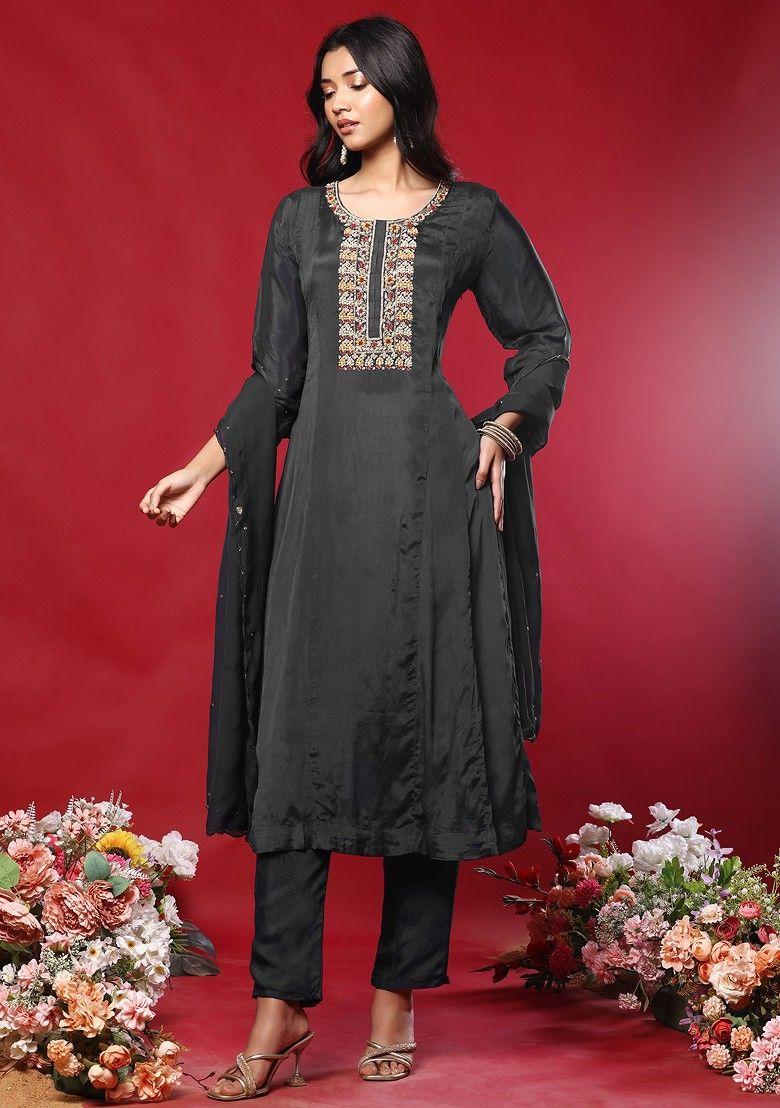 charcoal black floral hand work kurta set with pants and dupatta