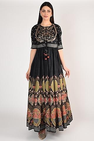 charcoal black floral printed gown with jacket