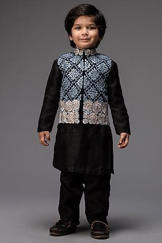 charcoal black kurta set with embroidered bundi jacket for boys