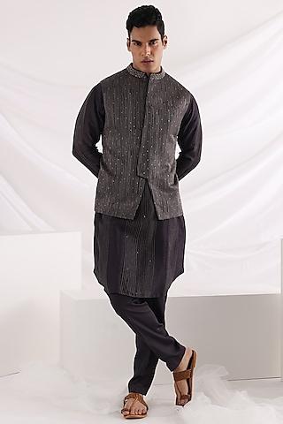 charcoal black linen satin embroidered nehru jacket