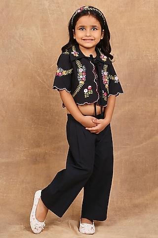 charcoal black organic cotton floral embroidered co-ord set for girls